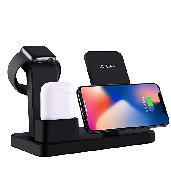 LI-CHARGE 3 in 1 Wireless Charger, Upgraded Version Charging Stand Station for Apple Watch and Airpods, Qi Fast Wireless Charging Dock Compatible for iPhone X/XS/XR/Xs Max/8/8 Plus,Black