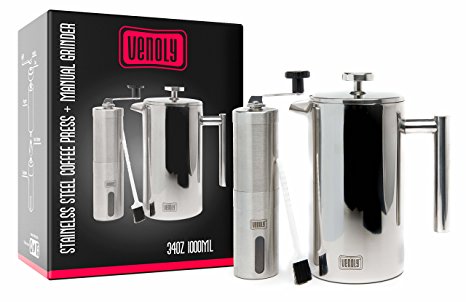 French Press Coffee Maker & Burr Grinder Bundle, Stainless Steel Double Walled Brewer & Manual Conical Grinder - 8 Cups - by Venoly