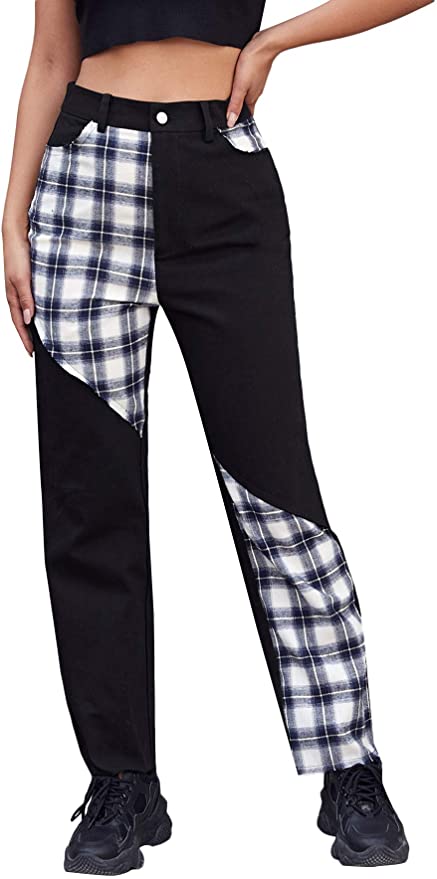 DIDK Women's Tartan Plaid Mid Waist Straight Pants