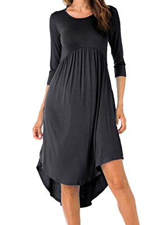 Levaca Women's Scoop Neck Pockets High Low Pleated Loose Swing Casual Midi Dress