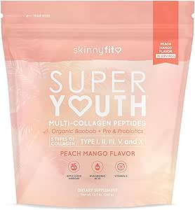 SkinnyFit Super Youth Peach Mango Multi-Collagen Peptides   Probiotics, Baobab Fiber, Apple Cider Vinegar, Hyaluronic Acid, & Vitamin C, Skin, Hair, Joint & Metabolism Support, 30 Servings