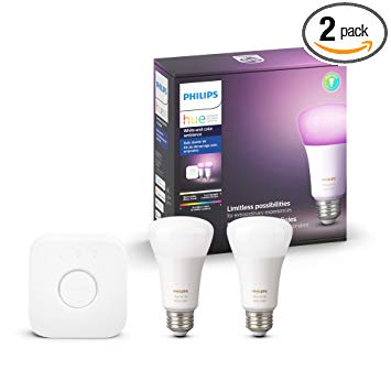 Philips Hue White and Color Ambiance A19 60W Equivalent LED Smart Light Bulb Starter Kit, 2 A19 Bulbs and 1 Bridge, Works with Alexa, Apple HomeKit and Google Assistant