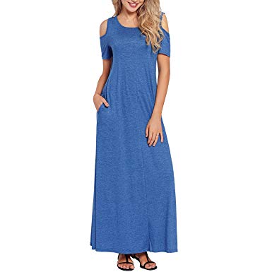Alaster Queen Women’s Cold Shoulder Short Sleeve Loose Dress Casual Summer Long Maxi Dress with Pockets