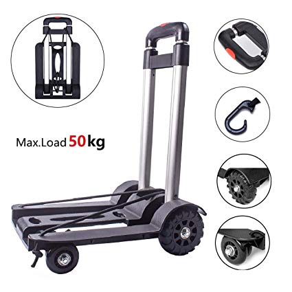 Folding Hand Truck and Dolly, Foldable Truck trolley,50 Kg Heavy Duty 4-Wheel Solid Construction Utility Cart Compact and Lightweight for Luggage, Personal, Travel, Auto, Moving and Office Use