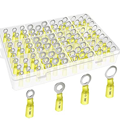 Haisstronica 100pcs Yellow Ring Terminal Connectors Kit- 4 Sizes #10,1/4",5/16",3/8",12-10 AWG Heat Shrink Wire Connectors Tinned Copper 1mm,Insulated Crimp Terminals Set for Automotive,Marine