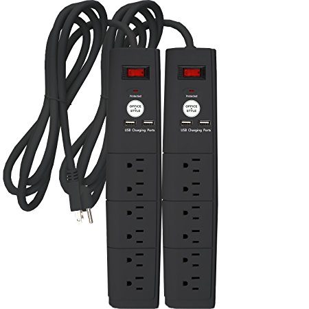 Office   Style 6 Outlet Surge Protector with Dual USB Ports and 6 Ft Cord, Black (2 Pack)