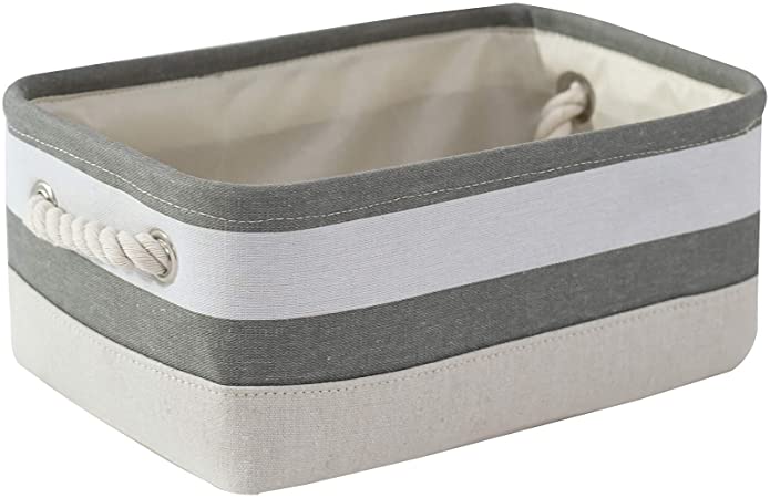 TheWarmHome Small Storage Basket Decorative Basket Rectangular Basket Fabric Storage Bin Collapsible Basket with Handles for Clothes, Toys, Nursery Storage (Grey&White Stripes, 11.8L×7.9W×5.2H inch)