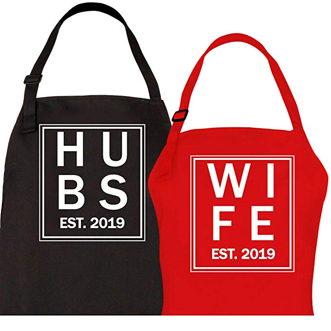 Let the Fun Begin Hubs and Wife Est. 2019 Aprons, Couples Wedding Engagement Gifts His Hers Mr Mrs Hubby Wifey Bridal Shower Gift Set
