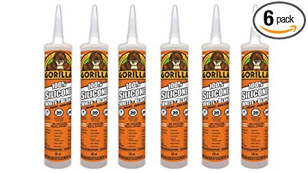 Gorilla White 100 Percent Silicone Sealant Caulk, Waterproof and Mold & Mildew Resistant, 10 ounce Cartridge, White, (Pack of 6)