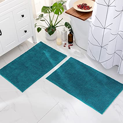 Dog Door Mat Rug Absorbent Chenille Dog Doormat Soft Shaggy Non-Skid Bathroom Bath Rugs Durable, Quick Drying, Washable Prevent Mud Dirt for Entryway, Peacock Blue, 20 x 32 Inches
