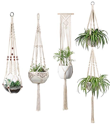 Mkono Macrame Plant Hangers Set of 4 Indoor Wall Hanging Planter Basket Flower Pot Holder Boho Home Decor Gift Box