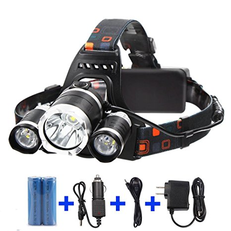 Waterproof 5000Lm Bright 3 CREE XM-L T6 LED Headlamp，Smartdio Flashlight Torch 4 Modes Headlight with Rechargeable Batteries and Wall Charger for Hiking Camping Riding Fishing Hunting