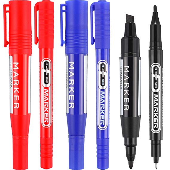 6 Pieces Permanent Markers, Different Sizes Double-Ended Permanent Marker Pen, Ultra Fine Tip, Fine Tip and Chisel Tip (Black, Blue and Red)