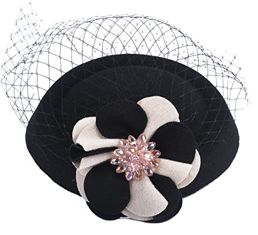 British Style Wool Pillbox Hat Cocktail Party Wedding Flower Veil Fascinator for Women