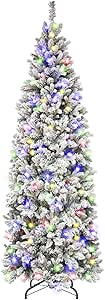 Hykolity 7.5 ft Prelit Flocked Slim Christmas Tree with Pinecones & Berries, 1478 PE&PVC Realistic Tips, 300 Multicolor Twinkling LED Lights Artificial Christmas Tree, Metal Base Included, 11 Colors