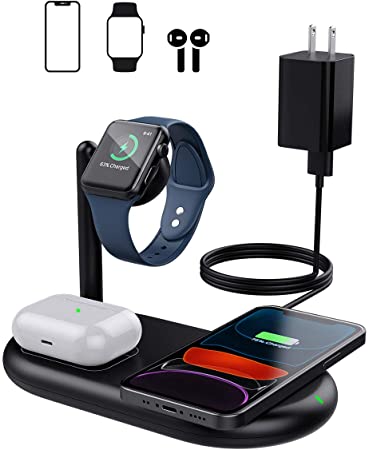 MoKo 3 in 1 Wireless Charger, 10W Fast Charging Pad Station fit iPhone 12/12 Pro/12 Mini/SE/11/Airpods Pro, Charger Holder Dock Compatible with Apple Watch SE/6/5/4/3(No iWatch Cable), With QC Adapter