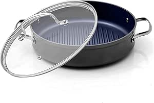 Nuwave 3Qt Skillet Forged Grill Pan, Tempered Glass Lid, G10 Healthy Duralon Blue Ceramic Ultra Non-Stick Coating, Oven & Dishwasher-Safe, Induction & Stove, Evenly Heats & Durable, Gray, PFAS Free