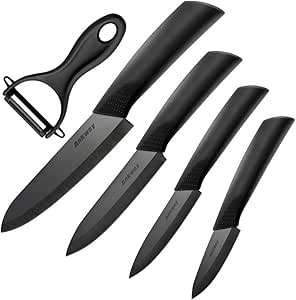 Ankway Set di Coltelli da Cucina, Coltelli in Ceramica Durevoli Professionali con Impugnatura in Gomma Antiscivolo e da Una Protezione in Plastica per la Lama (Set di 5, Nero)