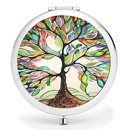 BYBART Metal Compact Mirror, 2-sided with 2X and 1X Magnifying Handheld Makeup Mirror - Perfect for Purse Pocket Travel - Colorful Tree