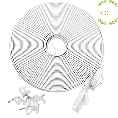 Ethernet Cable Cat6 200 Ft white Flat with Cable Clips, comtelek® cat 6 Ethernet Rj45 Patch Cable, slim Network Cable, thin internet computer Cable - 200 Feet white(60 Meters)