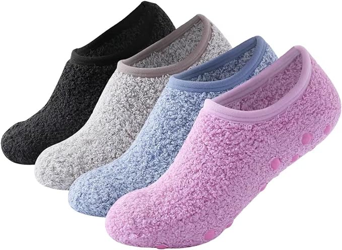 SKOLA Womens Soft Thick Warm Slipper Socks Grippers House Socks Non Slip Fuzzy Cozy Pom Pom Socks 3/4 Pairs
