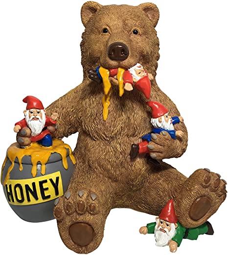 GlitZGlam Miniature Bear and Gnomes with Honey - A Garden Gnome Statue for Your Fairy Garden