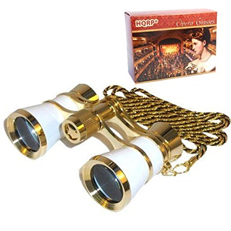 HQRP 3 x 25 Opera Glasses Binocular White pearl with Gold Trim, Crystal Clear Optic (CCO), Necklace Chain in HQRP Gift Box