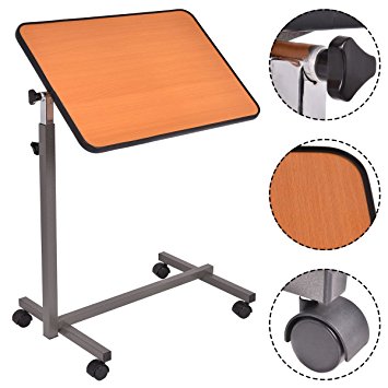 Goplus Overbed Table Hospital Food Tray Rolling Laptop Desk with Tilting Top, Yellow