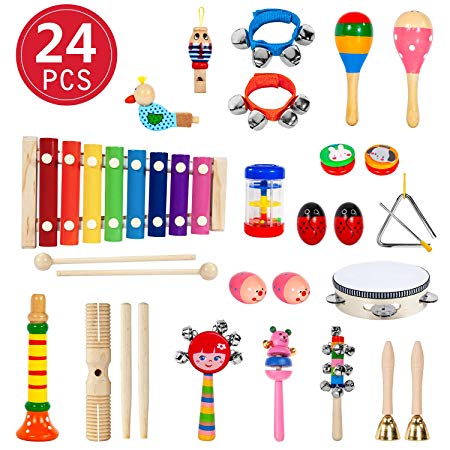 Toddler Musical Instruments, 24PCS 17 Types Wooden Percussion Instruments Toys for Baby Kids Preschool Education, Early Learning Musical Xylophone Tambourine Drums Toy for Boys and Girls with Storage Backpack By MIBOTE