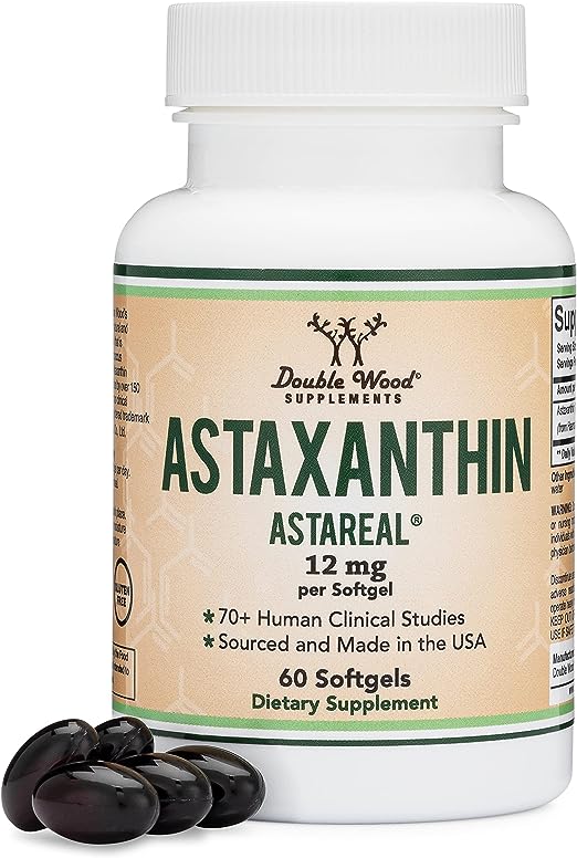 Astaxanthin 12mg Max Strength (AstaReal: Natural Patented Astaxanthin with 70  Human Clinical Trials - World's Most Studied Brand) Grown, Harvested, and Made in The USA by Double Wood Supplements