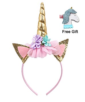 Gold Glitter Unicorn Horn Headband with Unicorn Hair Clip, Flowers Ears Headbands for Party Decoration or Cosplay Costume