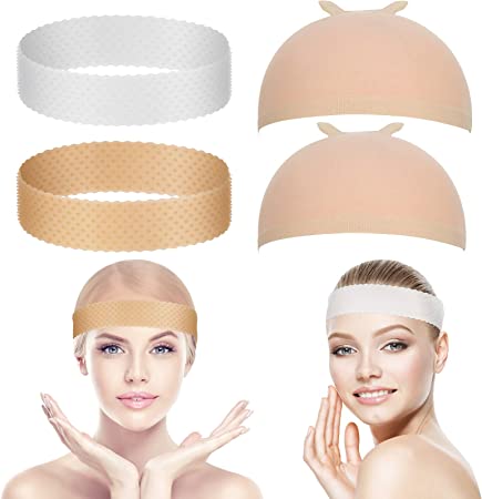 4 Pieces Silicone Wig Grip Band Transparent Silicone Wig Headband Sweatproof Seamless Non Slip Wig Hair Band with Stretchy Nylon Wig Cap for Wig and Sport Yoga (White and Light Brown, Skin Color)