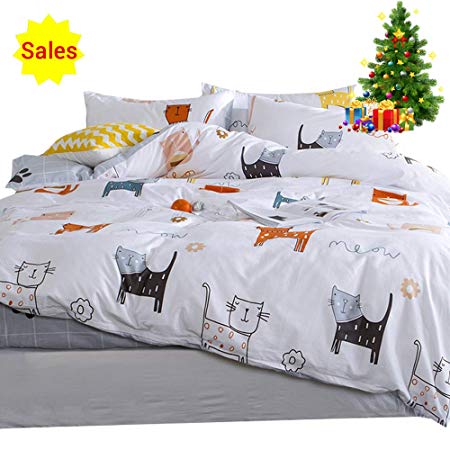 OROA Cartoon Cats Print Twin Duvet Cover Sets for Kids White Grey 100% Cotton Reversible Comfortable 3 Pieces Girls Boys Cat Twin Bedding Sets with 2 Pillowcases Child Bedding Sets