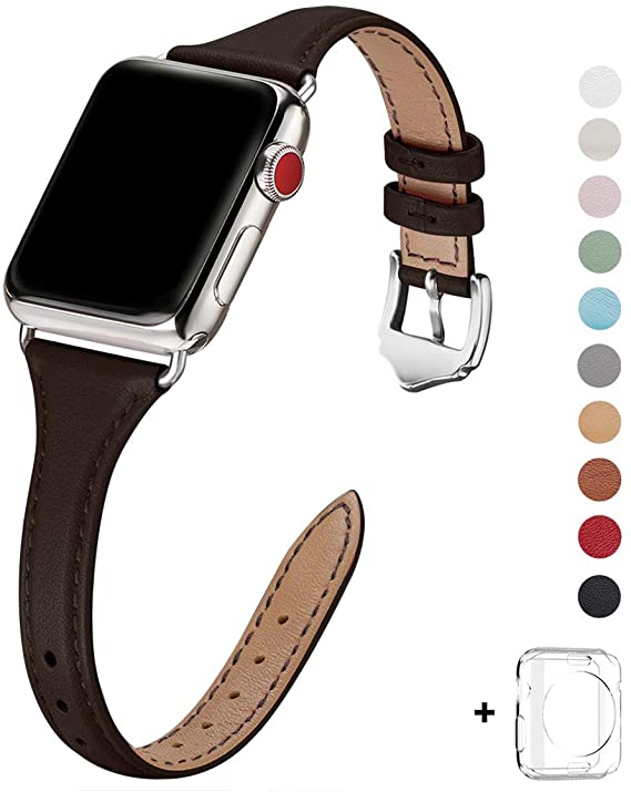 WFEAGL Leather Bands Compatible with Apple Watch 38mm 40mm 42mm 44mm, Top Grain Leather Band Slim & Thin Wristband for iWatch Series 5 & Series 4/3/2/1 (Dark Brown Band Silver Adapter, 38mm 40mm)