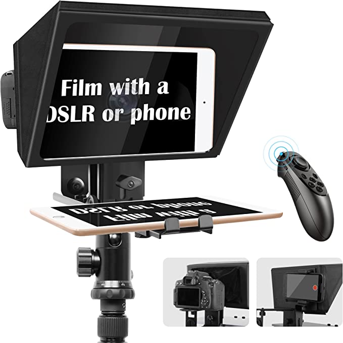 Liftable Teleprompter W/Remote Control and app with Adjustable Tempered Optical Glass Supports Smartphone,DSLR, DV Camcorder Shooting.