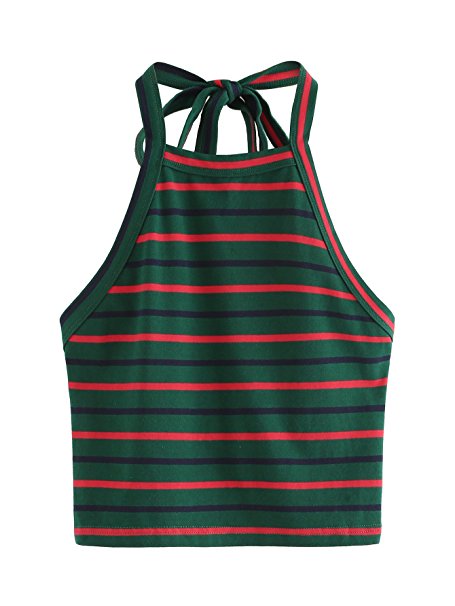 Romwe Women's Striped Halter Self Tie Crop Top Vest Cami