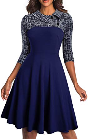 HOMEYEE Women's Lapel 3/4 Sleeve Church Aline Colorblock Work Dress A121