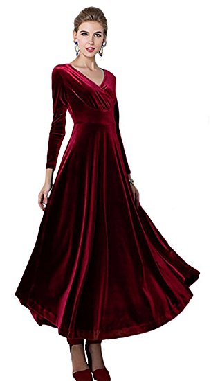 R.Vivimos Women Long Sleeve V-Neck Velvet Stretchy Long Dress