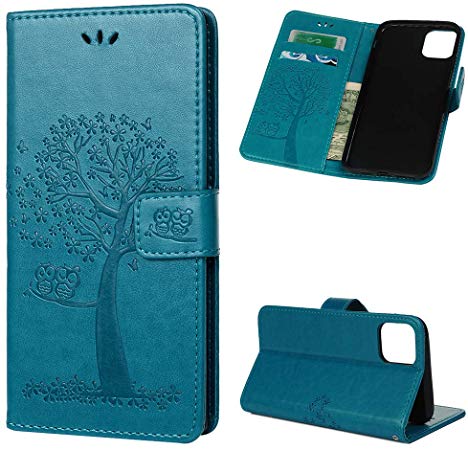 Mavis's Diary iPhone 11 Pro Max Case, Premium PU Leather Wallet Embossed Owl Tree Blue Wallet Flip Folio Case Drop Resistant Shockproof Soft TPU Inner Cover for iPhone 11 Pro Max - Blue