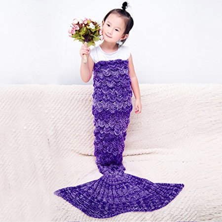 Mermaid Tail Blanket for Kids Handmade Crochet Sleeping Bag Quilt for Air Conditioning Room Purple
