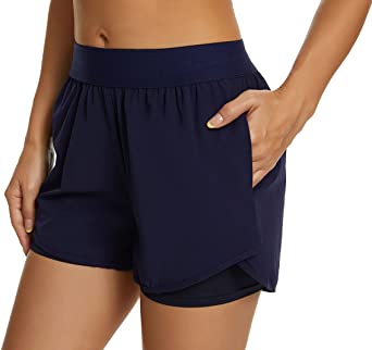 Custer's Night Women Workout Fitness Running Shorts, Double Layer Elastic Waistband Jogging Shorts 2-in-1