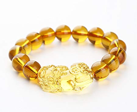 Feng Shui Citrine Gem Stone Wealth Porsperity 12mm Bracelet with Pi Xiu/Pi Yao, Attract Wealth and Good Luck, Deluxe Gift Box Included