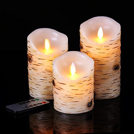 Bingolife Flameless Candles 4" 5" 6" Birch Bark Effect with Moving LED Flame and 10-key Remote Control - 2/4/6/8 Hours Timer - Set of 3