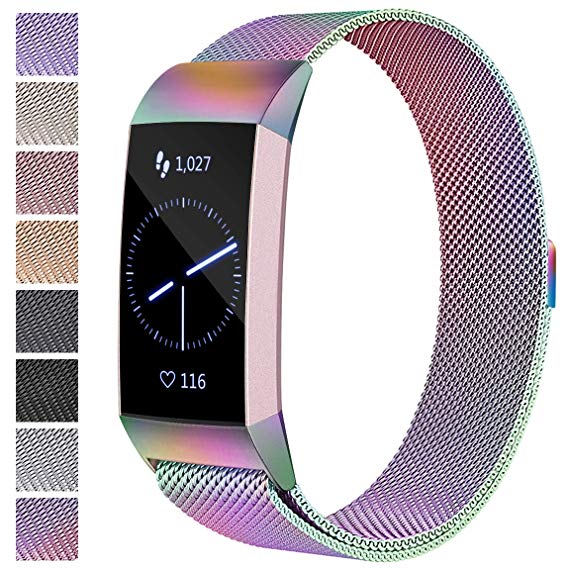 Maledan Metal Bands Compatible with Fitbit Charge 3 & Charge 3 SE, Stainless Steel Mesh Milanese Loop Magnetic Band Replacement Accessories Bracelet Strap with Unique Magnet Lock for Women Men