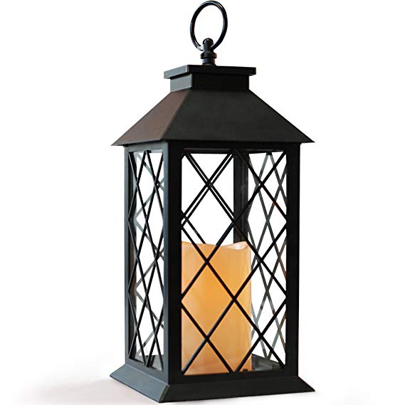 BRIGHT ZEAL 14" TALL Black Vintage Candle Lantern with LED Flickering Flameless Candles and Timer (Batteries Included) - Candle Lanterns Decorative - Indoor Outdoor Hanging Lights - Candles & Holders