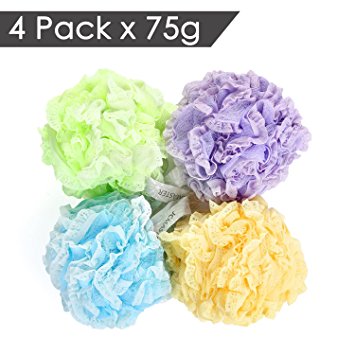 JCMASTER Shower Bath Sponge Pouf with Lace, Perfect Gift, 75g Comfortable and Soft Deep Clean, 4 Pack