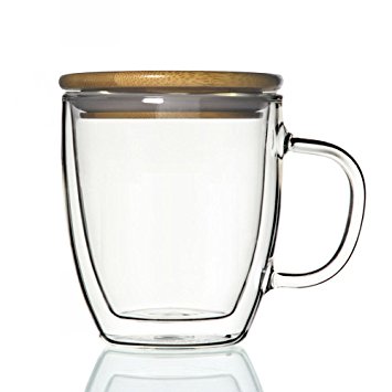 Double-wall 16 oz Borosilicate Glass Coffee Mug Cup TeaCup(with bamboo lid)