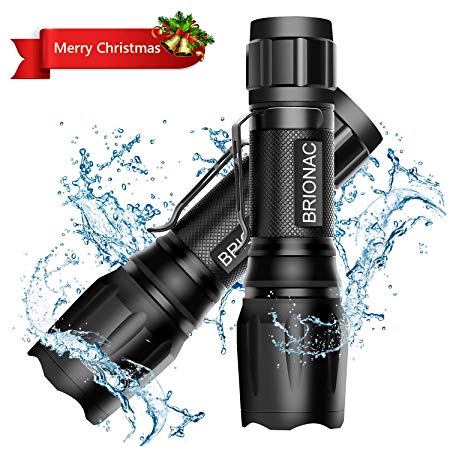 Brionac LED Tactical Flashlight, Best Powerful Waterproof Flashlight-2 Pack, Adjustable Focus and 5 Light Modes, Portable with Belt Clip for Biking Camping Emergency (Batteries Not Included)