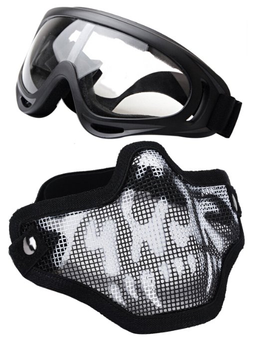 OUTGEEK Airsoft Half Face Mask Steel Mesh and Goggles Set (Skull)