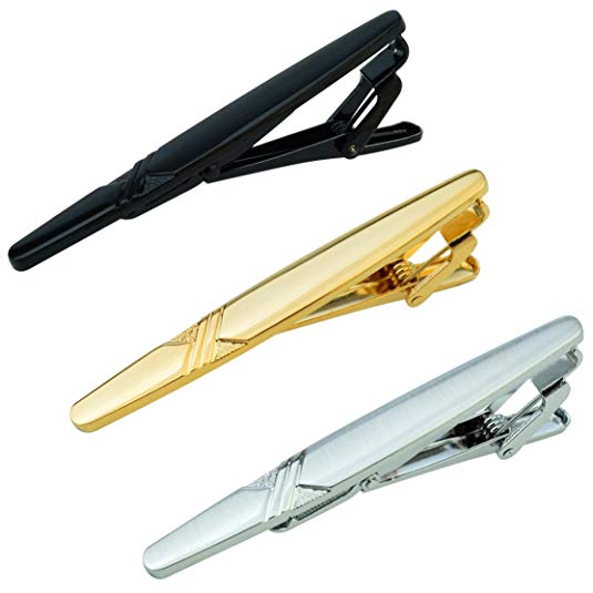 Lystaii 3pcs Tie Bar Clip, Tie Tack Pins Tie Clips Men Silver Gold Black Necktie Bar Pinch Clip Set 2.2 inch Metal Clasps Business Professional Fashion Assorted Designs